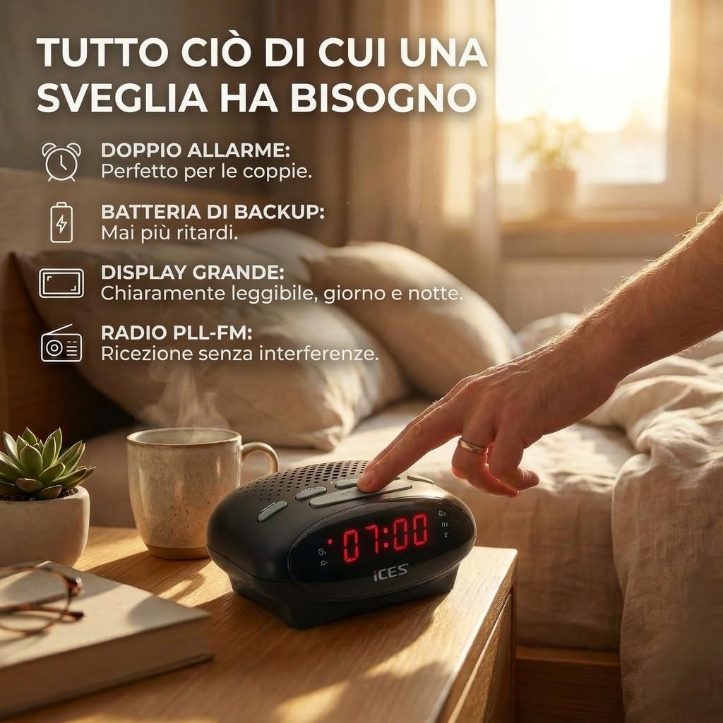 Ices ICR-210 Nero Radiosveglia FM PLL Design Moderno