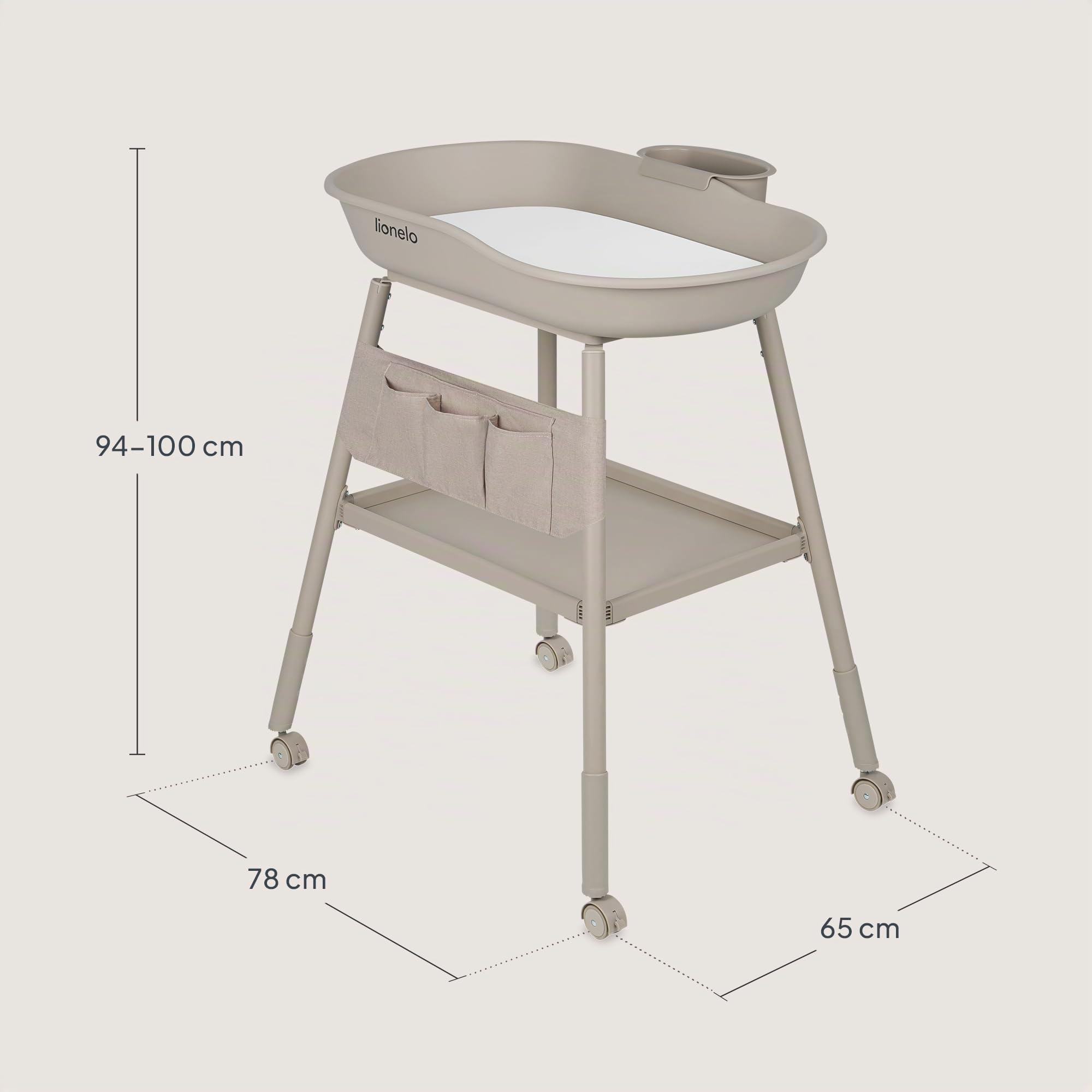LIONELO Rosie table à langer bébé, mobile sur roulettes, matelas à langer imperméable, hauteur réglable, rangements pour accessoires, bol d’eau, étagère à couches