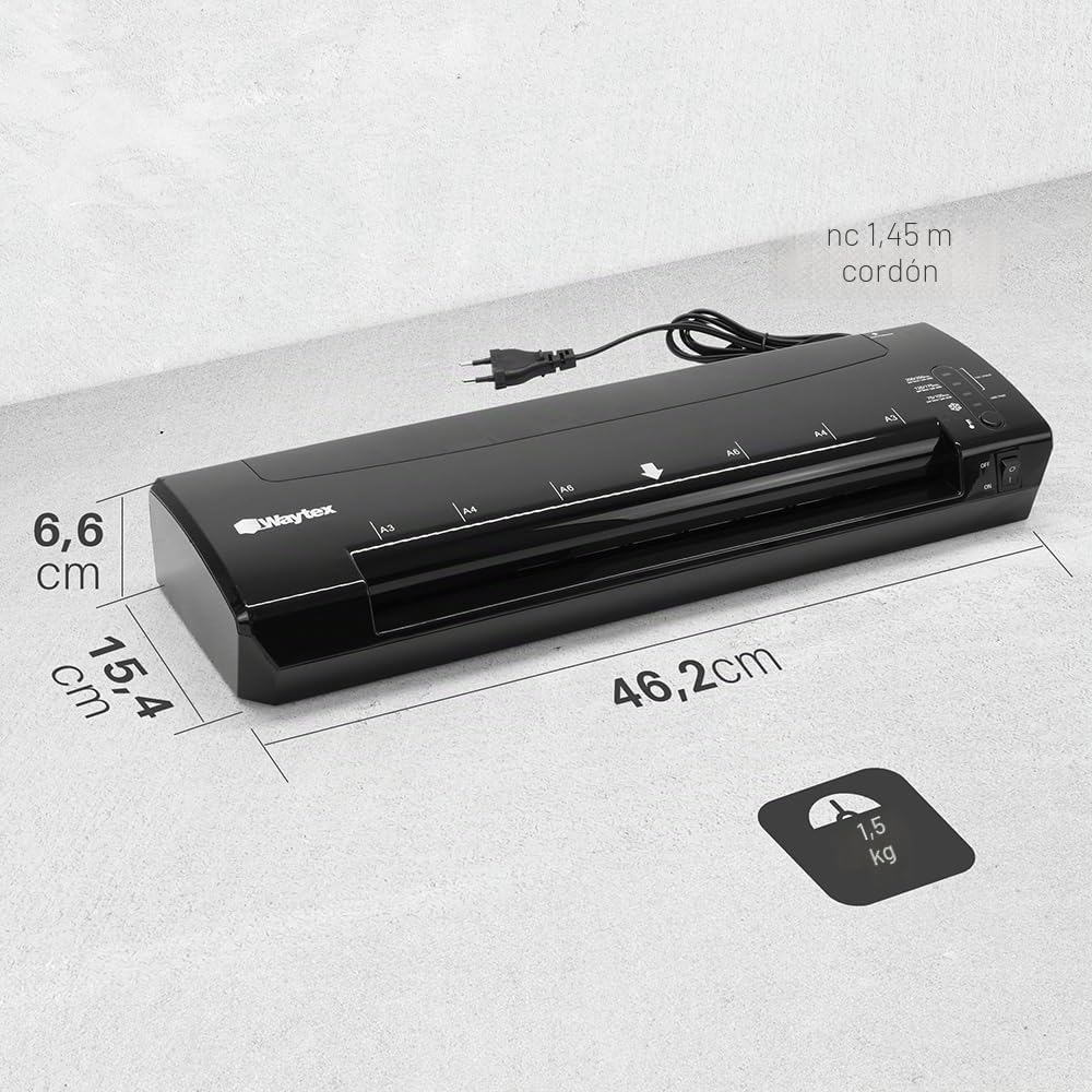 Waytex 78208 - Laminadora A3 A4 A5 A6 Pro Ultra Rápida Laminación en Caliente y Frío hasta 2 x 250 micras con temperatura ajustable + 1 recortador y 1 ángulo de corte