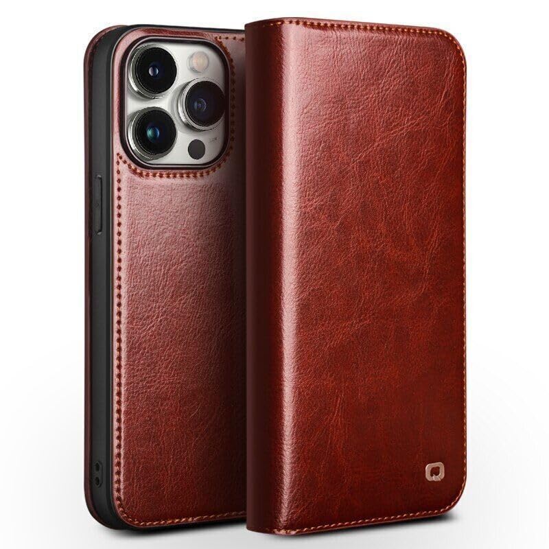 Étui rigide iPhone 14 Pro Max marron protégeant l'écran avec rabat en cuir