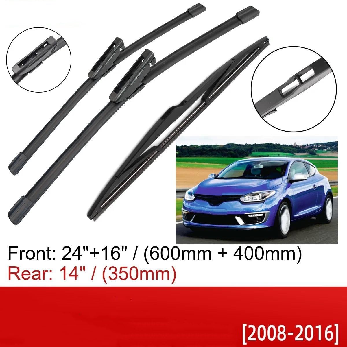 per R&enault per Megane 3 Hatchback Coupe 2008-2010 2011 2012 2013 2014 2015 2016 24 "+ 16" + 14 "Anteriore Spazzole Tergicristallo Posteriori Spazzole