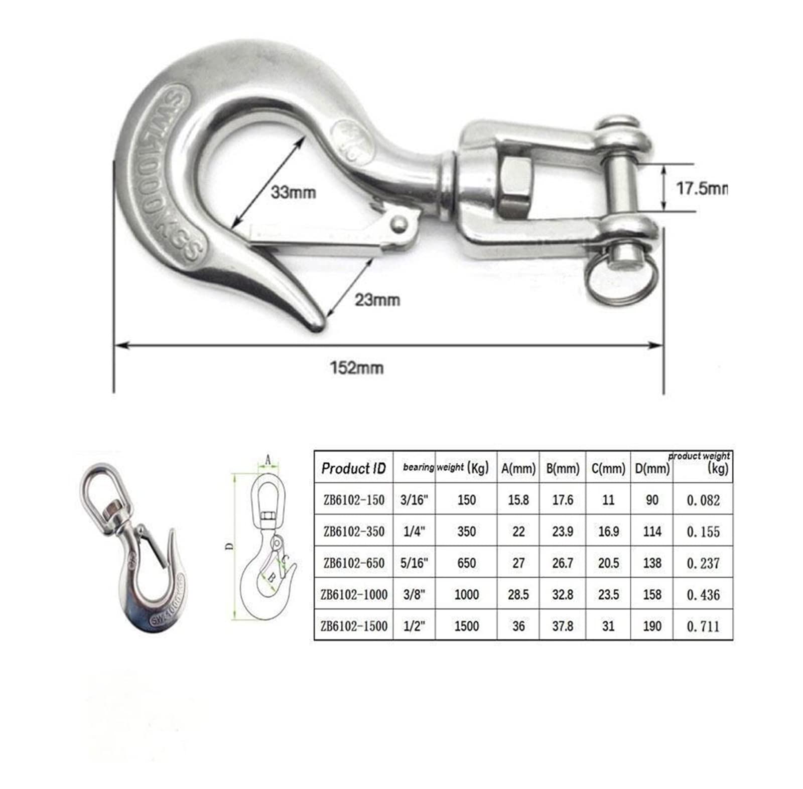 VSOLS 1000 kg 650kg 350kg 150kg 304 Crochet de Levage pivotant en Acier Inoxydable Crochet en Acier avec Accessoire de gréement de Verrouillage (Color : 1000KG)
