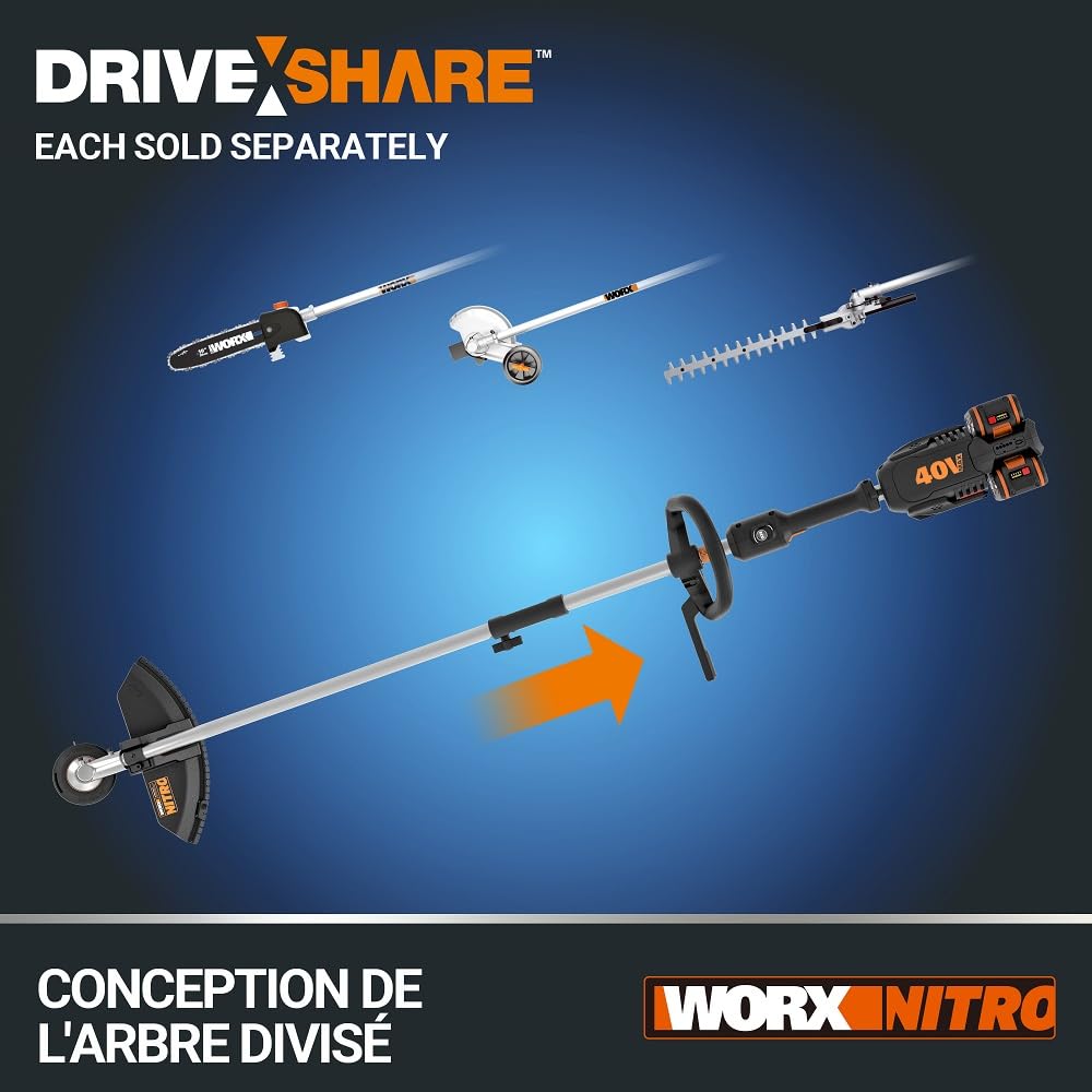 WORX Nitro - Débroussailleuse sans Fil -40V- 4Ah - Ø38cm - WG186E (2 Batteries 20V, Capot de Protection, poignée Amovible, tête Interchangeable, Compatible Outils et Batteries PowerShare)
