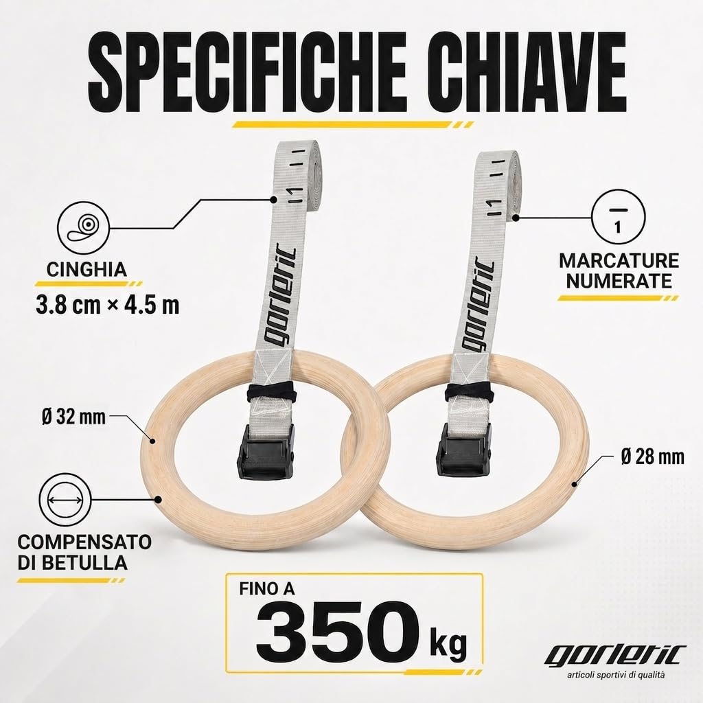 Gorletic - Anelli da ginnastica, anelli di legno da 28 e 32 mm di spessore, 4,5 m di cinghia rinforzata e marcata - qualità professionale