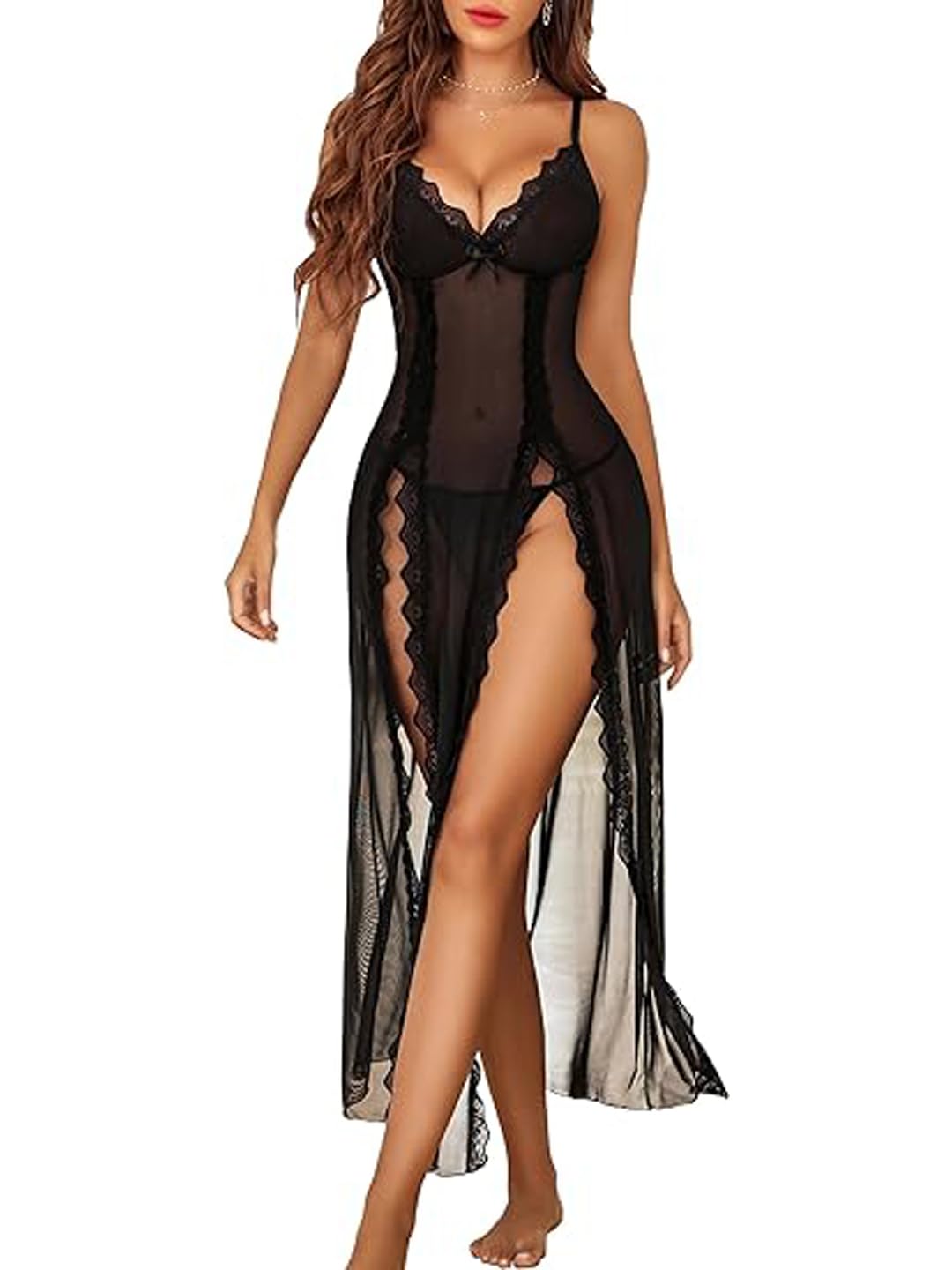 Women Lingerie Lace Babydoll Chemise Sexy Mesh Nightdress V Neck Nightwear Side Split Nightgown-image-38