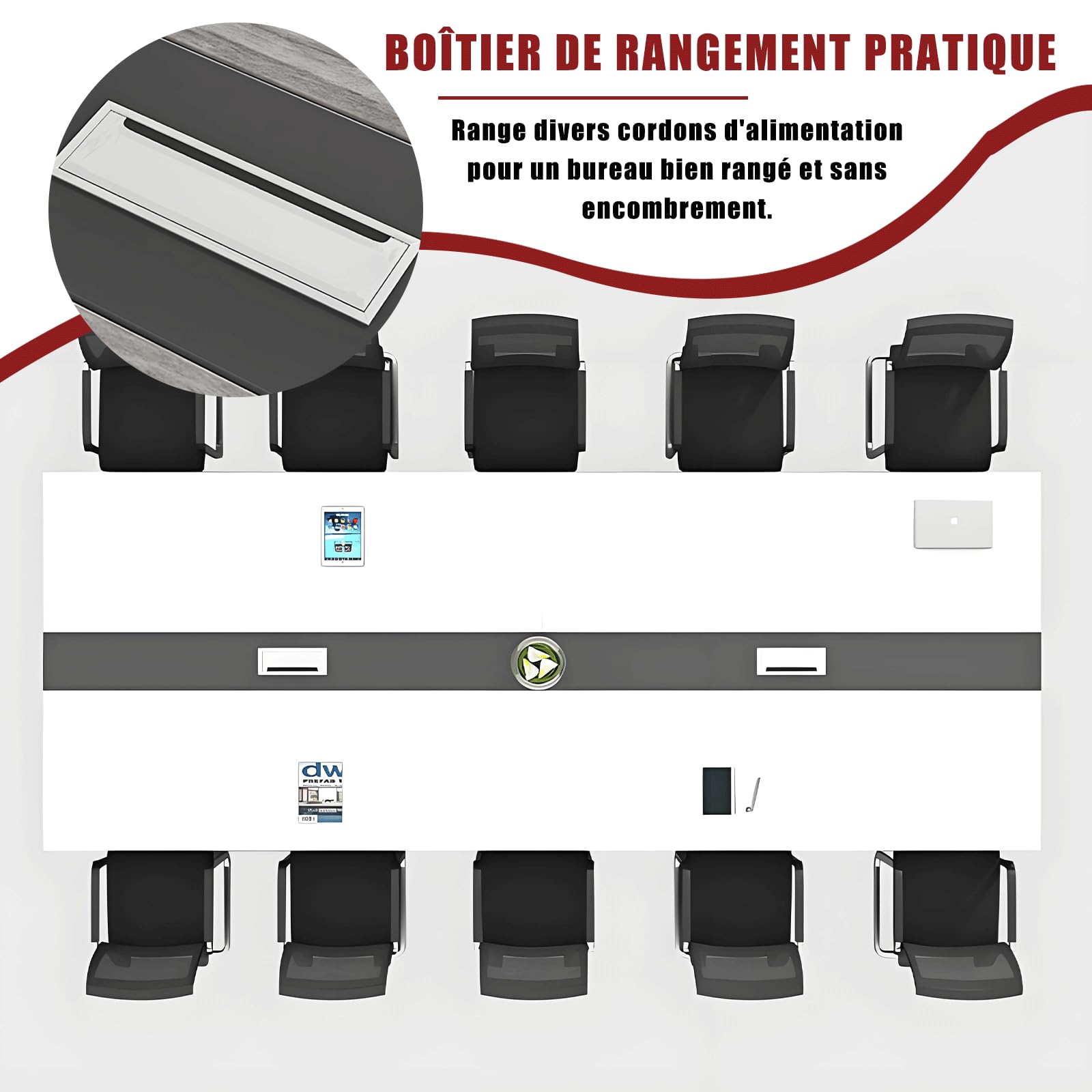 Grande Table de réunion – Bureau conférence pour 6 à 12 Personnes – Design Bois élégant – Installation Simple – Idéale pour Bureau, coworking, séminaires, écoles – (Chaises Non incluses)