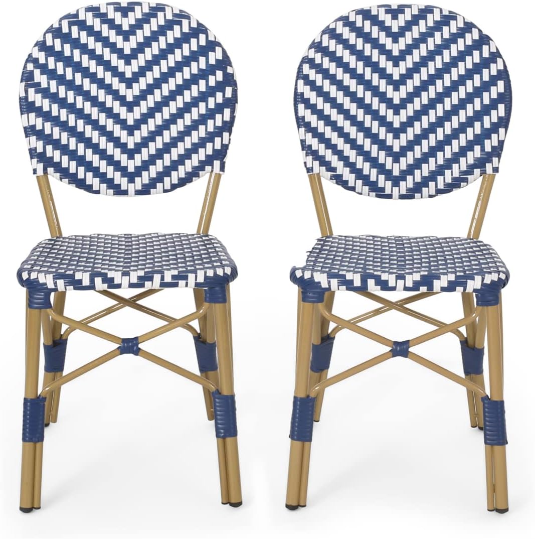 Christopher Knight Home Picardy Silla de bistró para exteriores, azul marino + blanco + acabado en bambú