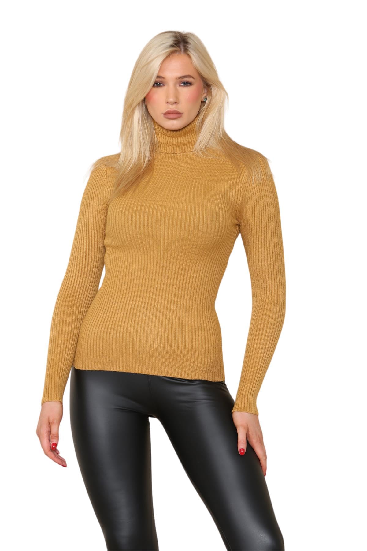 WICKEDFASHIONS123 Womens Office Formal Jumpers Polo Turtle Neck Wool Top Ribbed Sweater Ladies Outdoor Fashion Tunic Casual Wear Winter Warm Sweatshirts Knitted Jumper Tops (Mustard UK 12-14)
