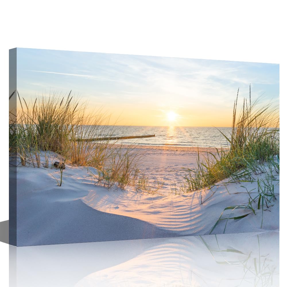 Tishiron 08 Beach Wall Art Sandy Beach Sunrise Pictures Painting On Canvas Wall Art Modern Framed Seaside Canvas Prints Ready To Hang(36X24in)