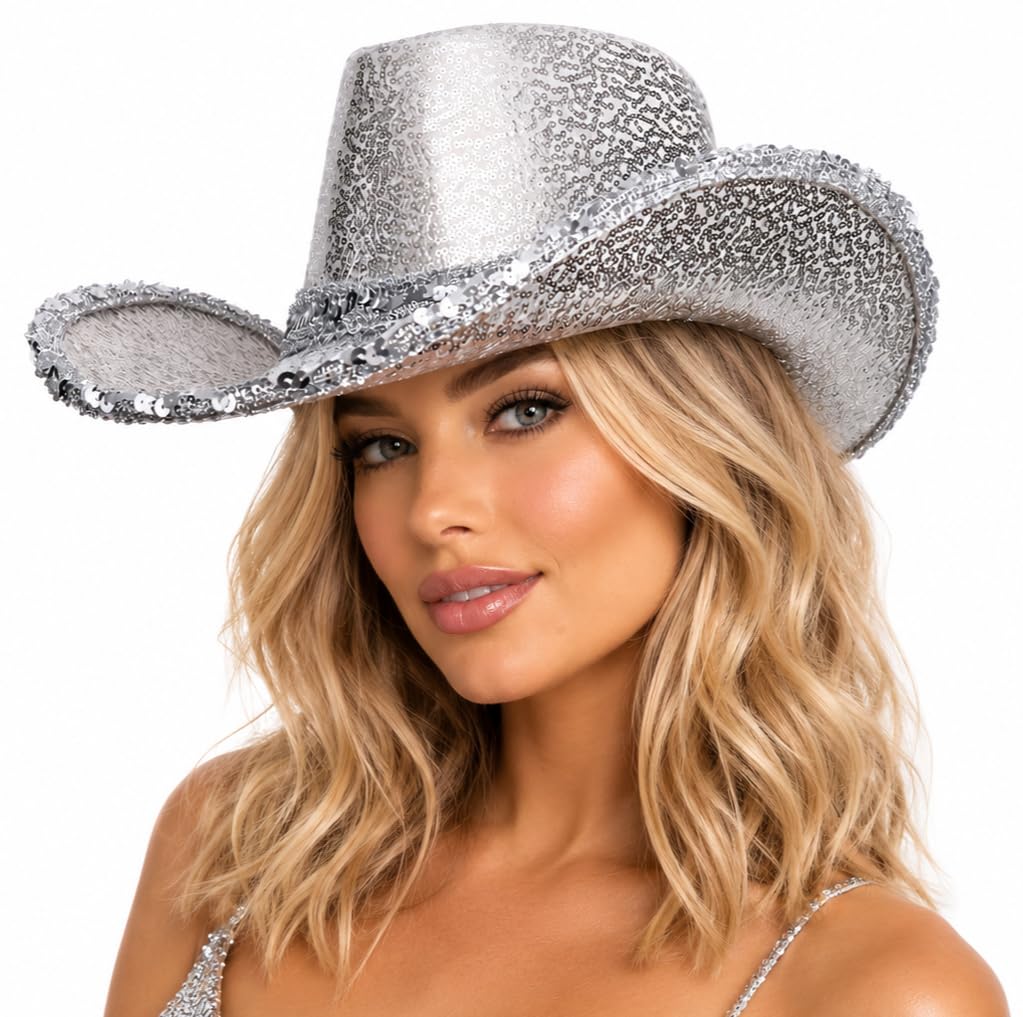 Wicked Costumes Women’s Silver Sequin Cowboy Hat – Sparkly Western Texan Cowgirl Hat for Festivals, Disco Parties, Nashville, Rodeo & Fancy Dress Costume Accessory — image 1