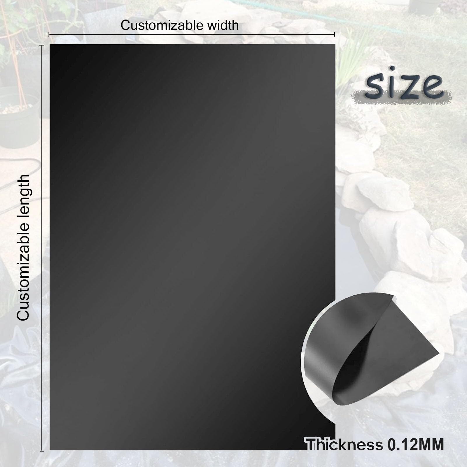 Revestimiento for estanque, lona flexible negra resistente for exteriores, for peces, koi y jardín acuático. Membrana impermeable de 4 x 6 m, 7 x 8 m y 8 x 10 m, lámina de plástico de polietileno.(5x5