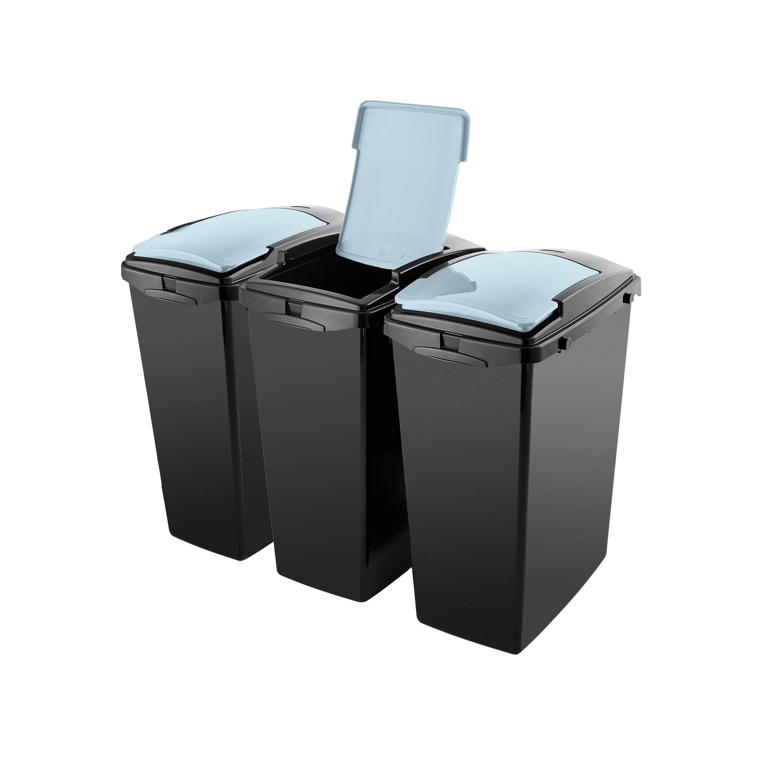 Addis Recycling 40 litre waste kitchen plastic bins, Set of 3, modular system with lift lids, Black with Air Blue