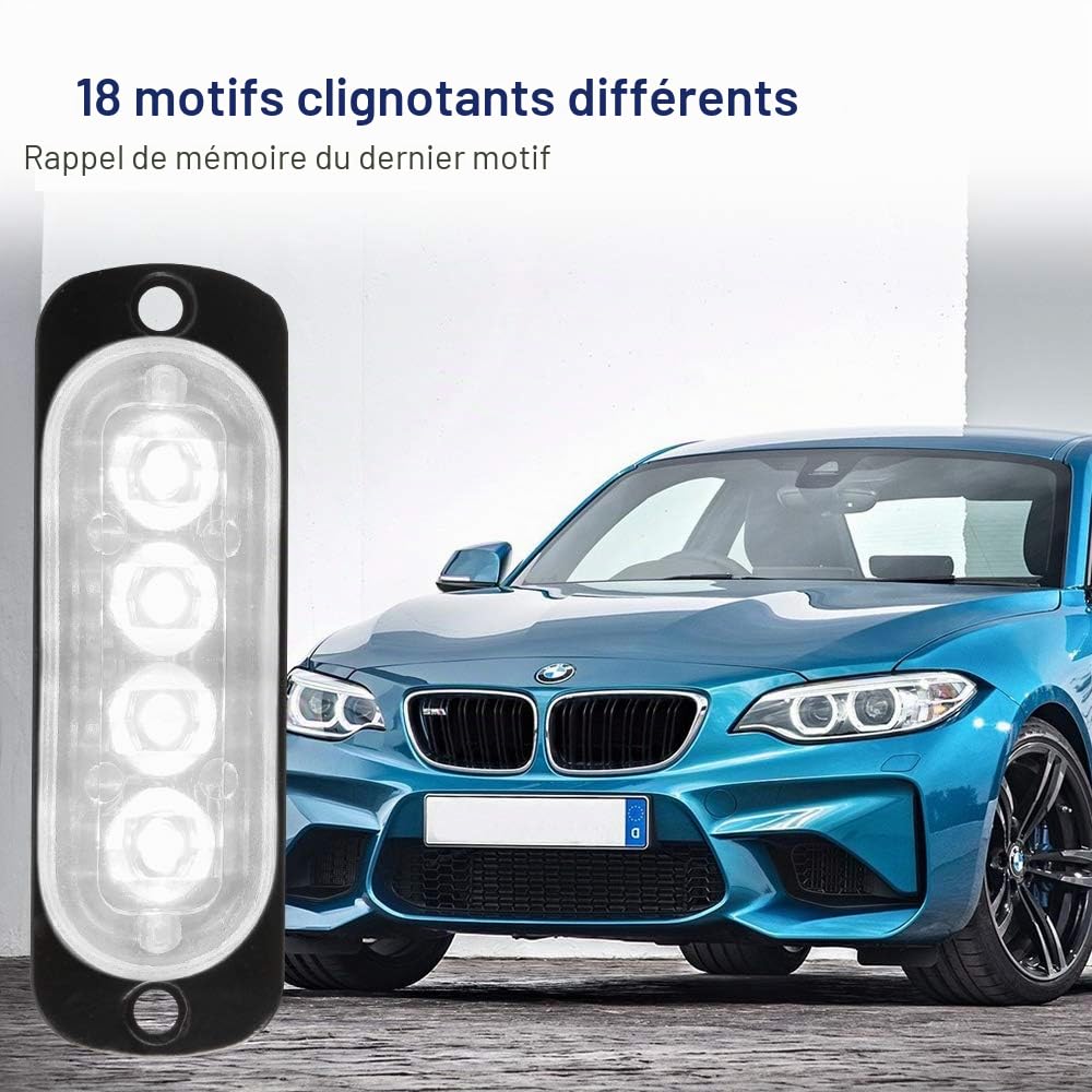 4pcs 12-24V Ultra Mince Voyant Barre D'alarme Stroboscopique d'urgence Lampe- 4 LEDS Bande lumineuse D'avertissement de Flash Camion Moto Voiture - Blanc