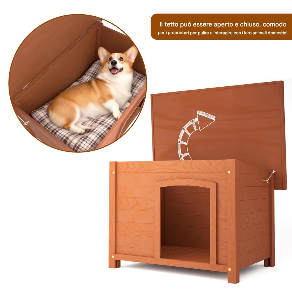 BAKAJI Cuccia per Animali Domestici in Legno di Cipresso, Casetta per Cani e Gatti con Tetto Apribile, Casa da Esterno ed Interno Resistente Alle Intemperie con Tettoia Asfaltata, 85 x 58 x 58 cm
