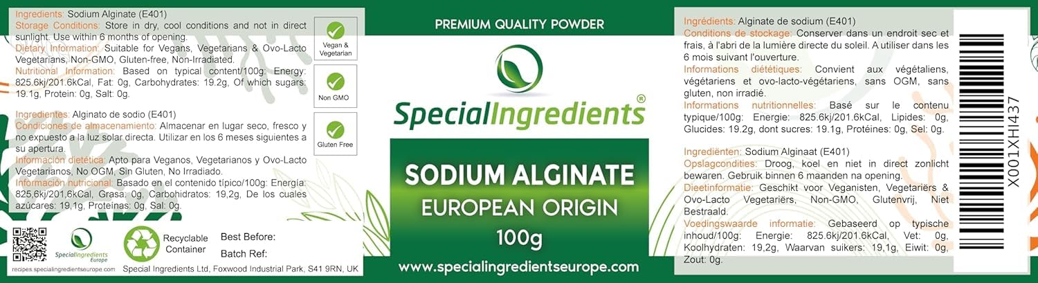 Special Ingredients Lactate De Calcium & Alginate De Sodium, Cuisine Moléculaire, Paquet de deux ingrédients, Idéale pour la sphérification de base et à la sphérification inversée - 2 x 50 gramme