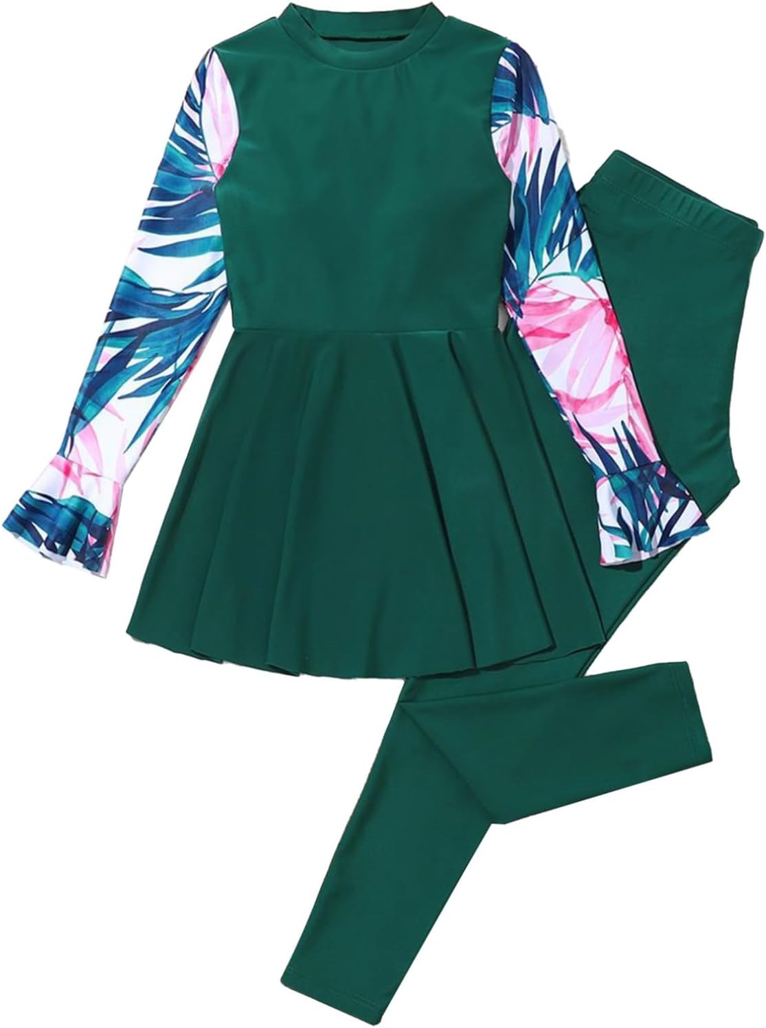 MSemis Modest 2 Pcs Swimsuit for Girls Floral Long Sleeve Swim Skirts with Pants Beach Cover Up Sets