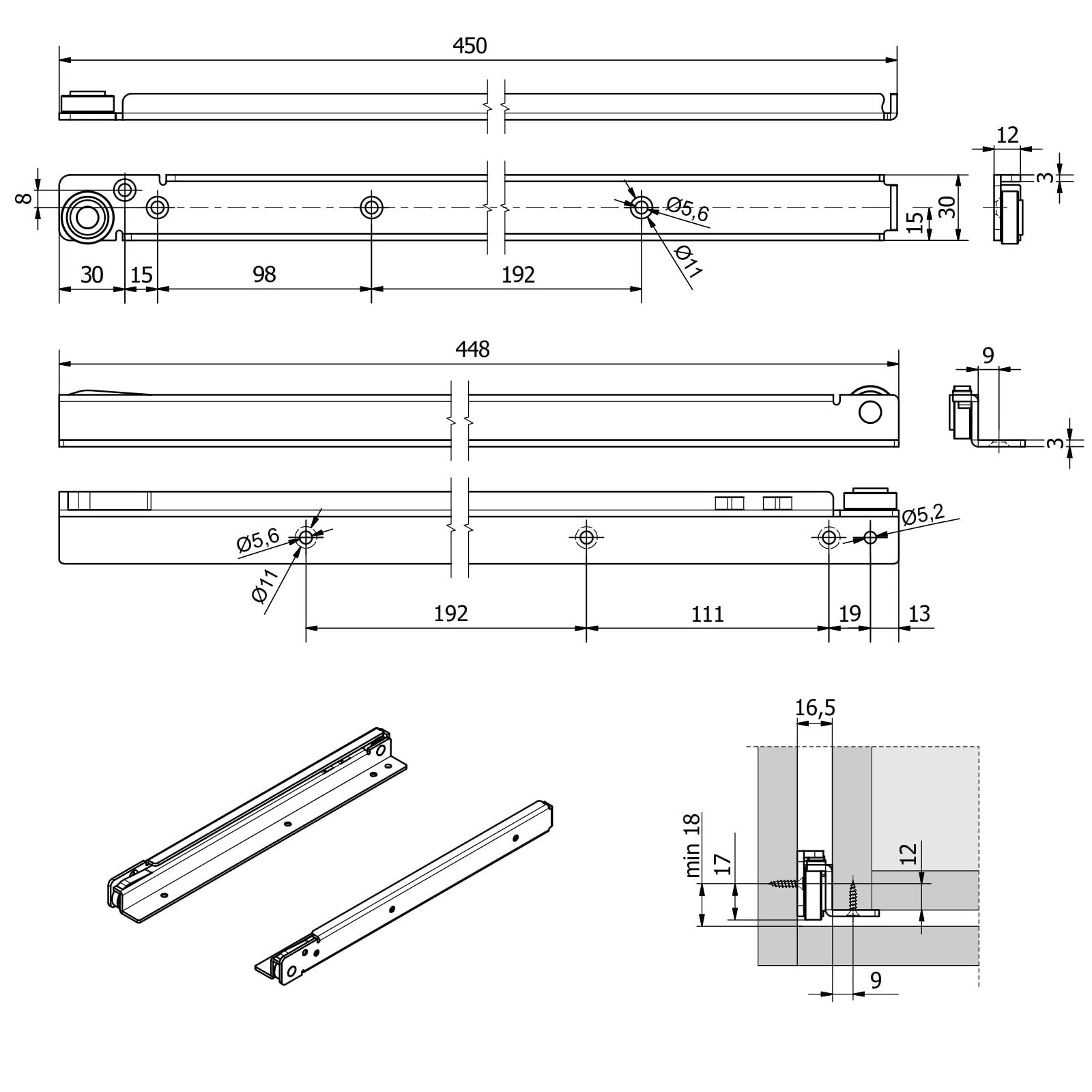 SOTECH Guida per cassetti, guida a rulli per impieghi gravosi, estrazione parziale 450 mm, guida in acciaio zincato, montaggio su superficie in particolare per carichi elevati fino a 100 kg