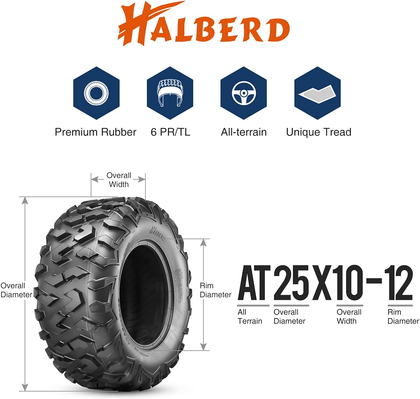 HALBERD 6PLY 25x10-12 ATV/UTV Tires All Terrain 17mm Tread Depth Tubeless (Pack of 1)