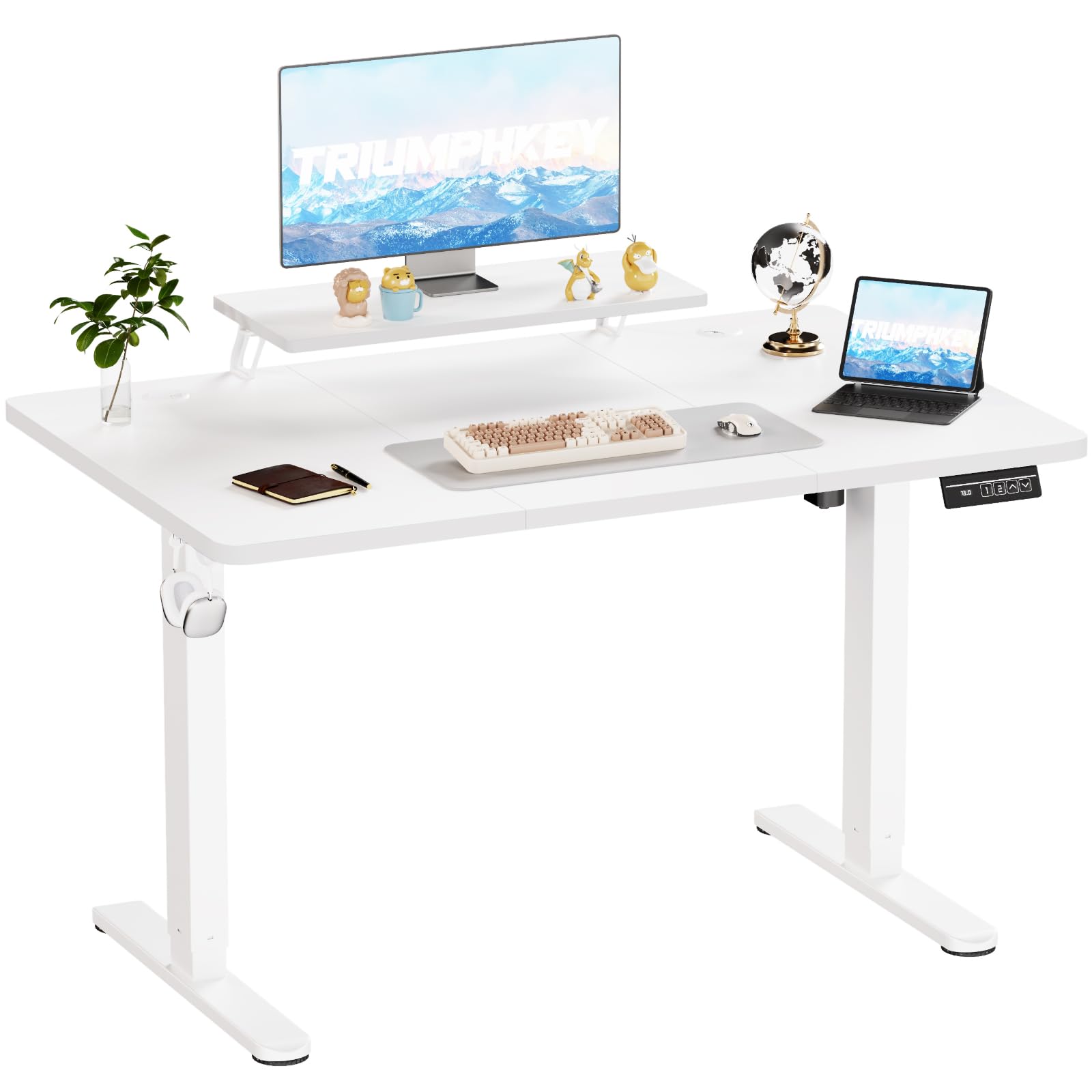 TRIUMPHKEY 140x60cm Escritorio Regulable en Altura con Soporte para Monitor, Escritorio Elevable Eléctrico con 2 Alturas de Memoria, Mesas de Ordenador, Escritorios de Oficina Blanco