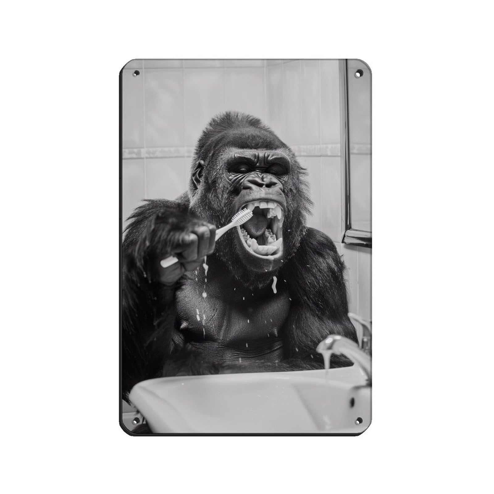 Gorilla Teeth Brushing Tin Sign Vintage Metal Pub Club Cafe Bar Home Wall Art Decoration Poster Retro 8x12inch(20x30cm)