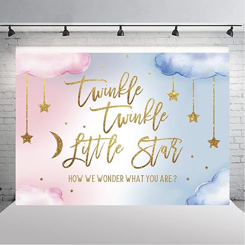 Miniatura 7 de Lofaris Twinkle Twinkle Little Star - Telón de fondo de revelación de género para niño o niña, rosa o azul, How We Wonder What You are Golden Star