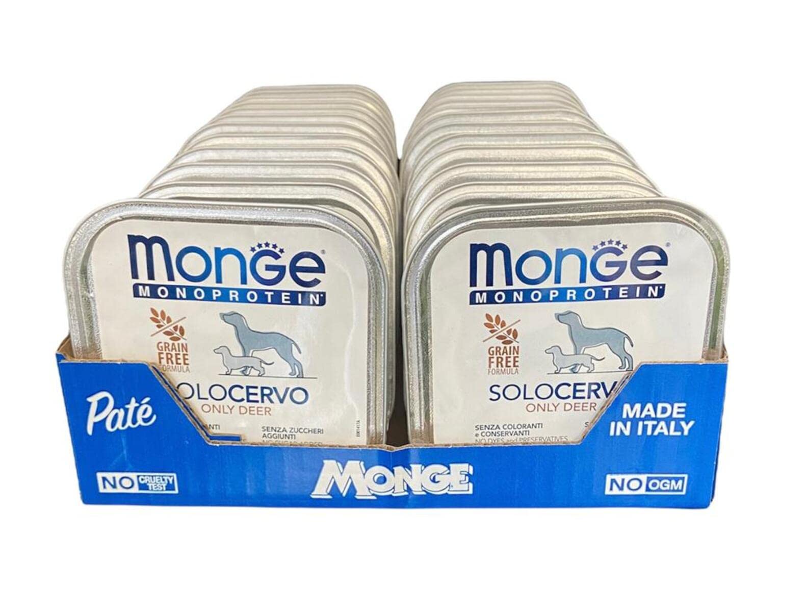Monge Monoprotein Cibo umido per Cani solo Cervo, naturalmente senza coloranti, conservanti e zuccheri aggiunti. Confezione da 24 vaschette (1 = 150gr.)
