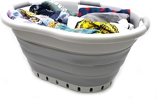 Miniatura 4 de SAMMART Juego de 2 cestas plegables de plástico con 3 asas de 36 litros (9.5 galones), para guardar ropa, organizador plegable (2, grisgris)