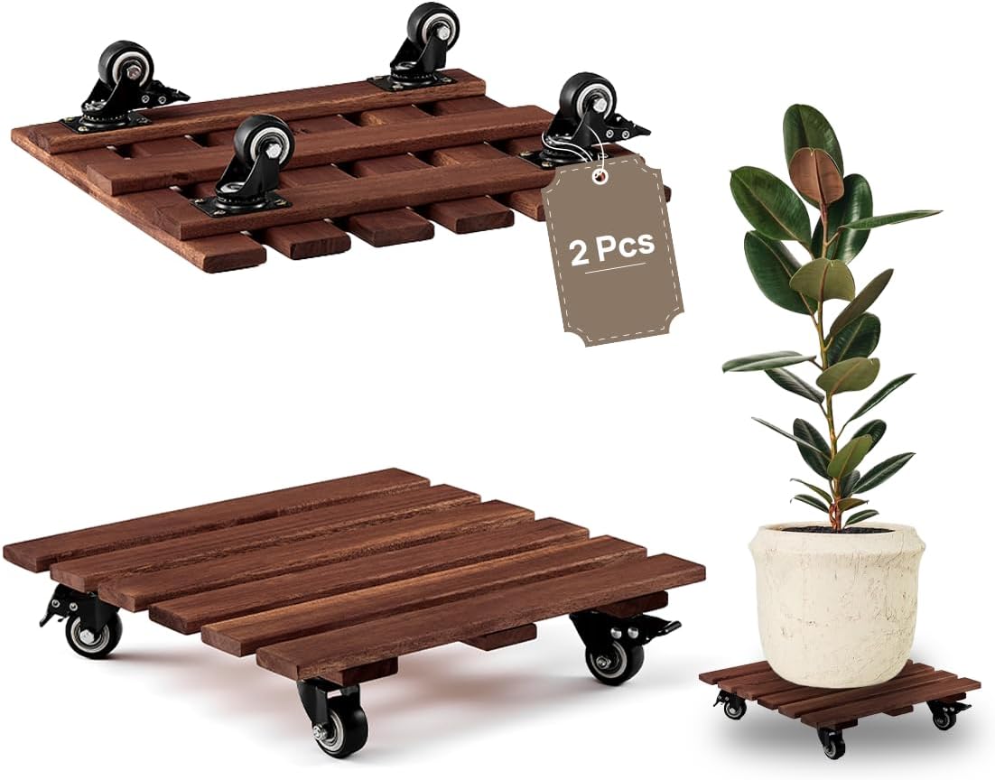 THYOI 2 Pack 14” Acacia Wood Plant Caddy with Lockable 360° Caster Wheels, 300 LB Heavy Duty Rolling Stand for Indoor Outdoor Planter Pots, Wooden Dolly for Patio (Dark Brown, Square)
