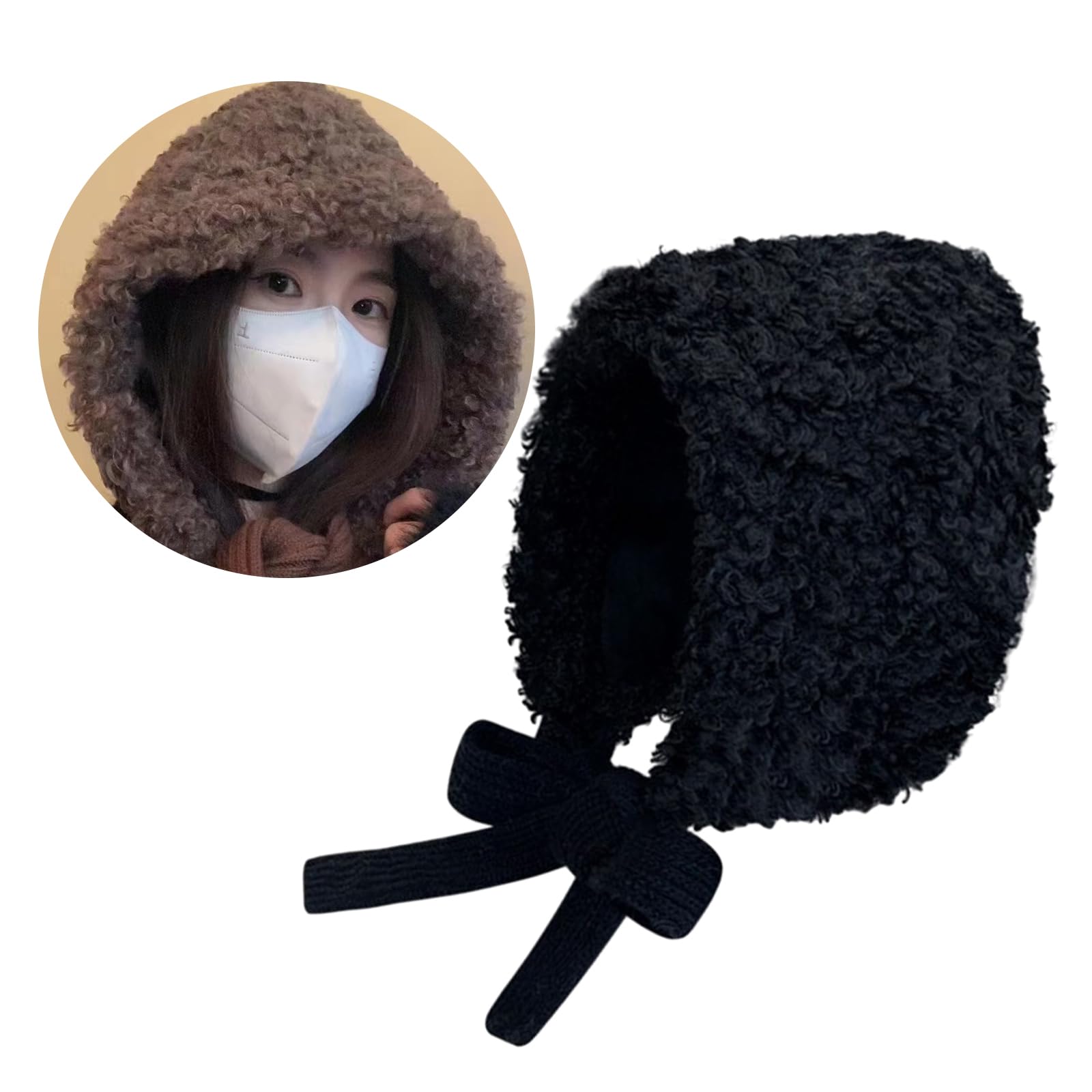 Berber Fleece Solid Color Winter Warm Hooded Scarf Hat for Skiing Hiking Outdoor Women Windproof Ear Flap Hat