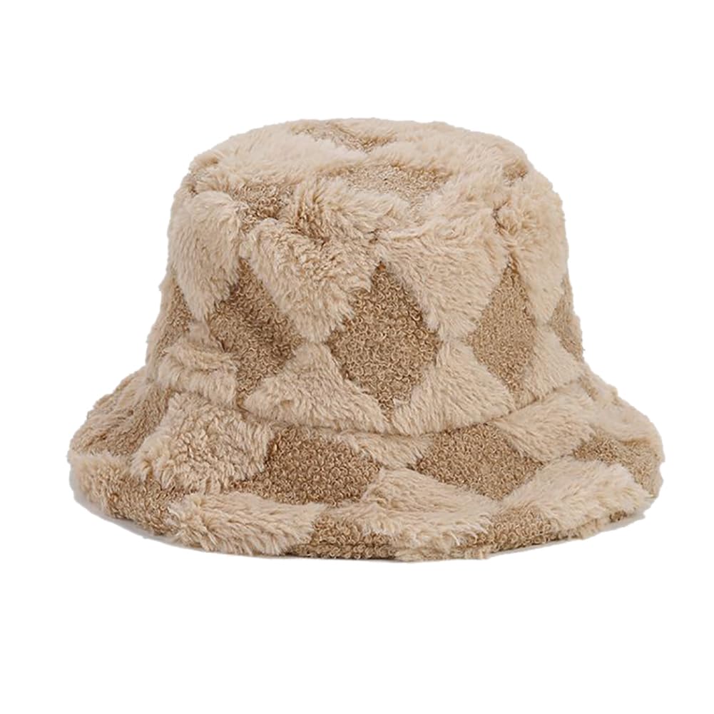Cute Fluffy Bucket Hat Faux Fur Winter Plush Hats Solid Color Plaid Fisherman Caps for Women Men (Khaki)