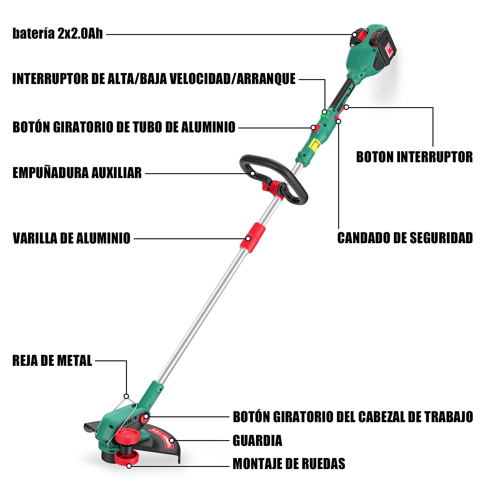 Desbrozadora bateria 36V(2 * 18V), Brushless cortabordes eléctrica, diámetro de Corte 35 cm, 2 baterías de 2,0 Ah e Cargador de Dobre posición, dous axustes de velocidade