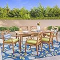 Christopher Knight Home Harvey Outdoor 7 Piece Acacia Wood Dining Set, Teak Finish/Green
