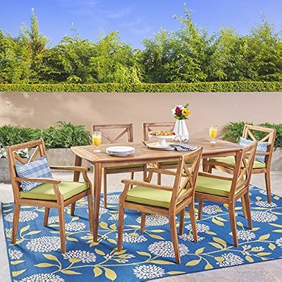 Christopher Knight Home Harvey Outdoor 7 Piece Acacia Wood Dining Set, Teak Finish/Green