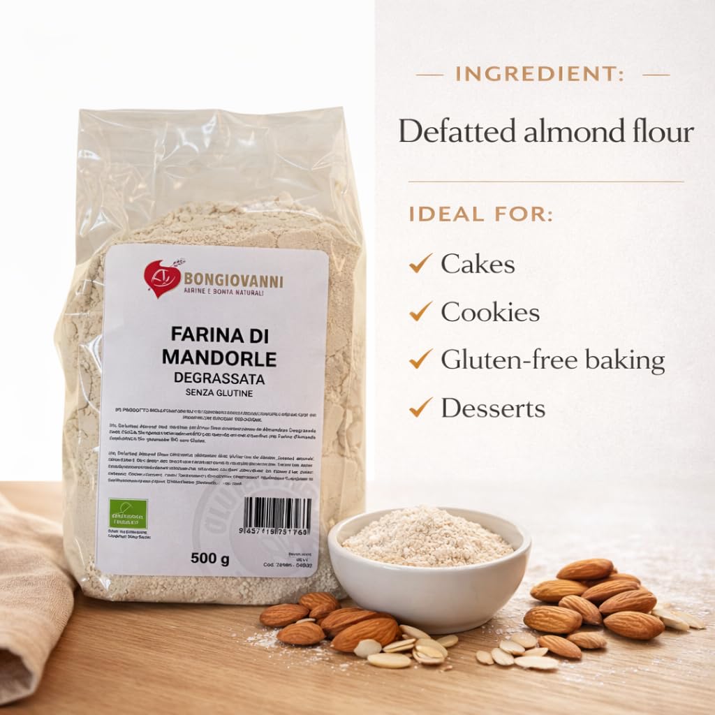 BONGIOVANNI Farine e Bontà Naturali Farina di Mandorle Degrassata Bio Senza Glutine 500 g – Gusto Leggermente Fruttato e Delicato