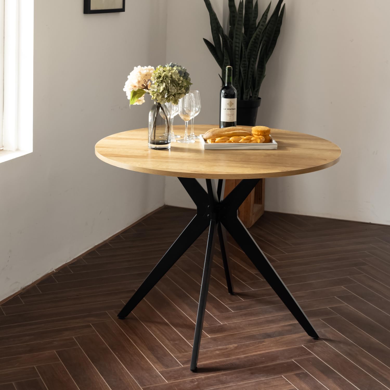 MEUBLE Cosy Runder Esstisch Klein Tisch Küchentisch Esszimmertisch 4 Personen für Küche, Wohnzimmer, Büro, 100x100x75cm, Eiche + Schwarz