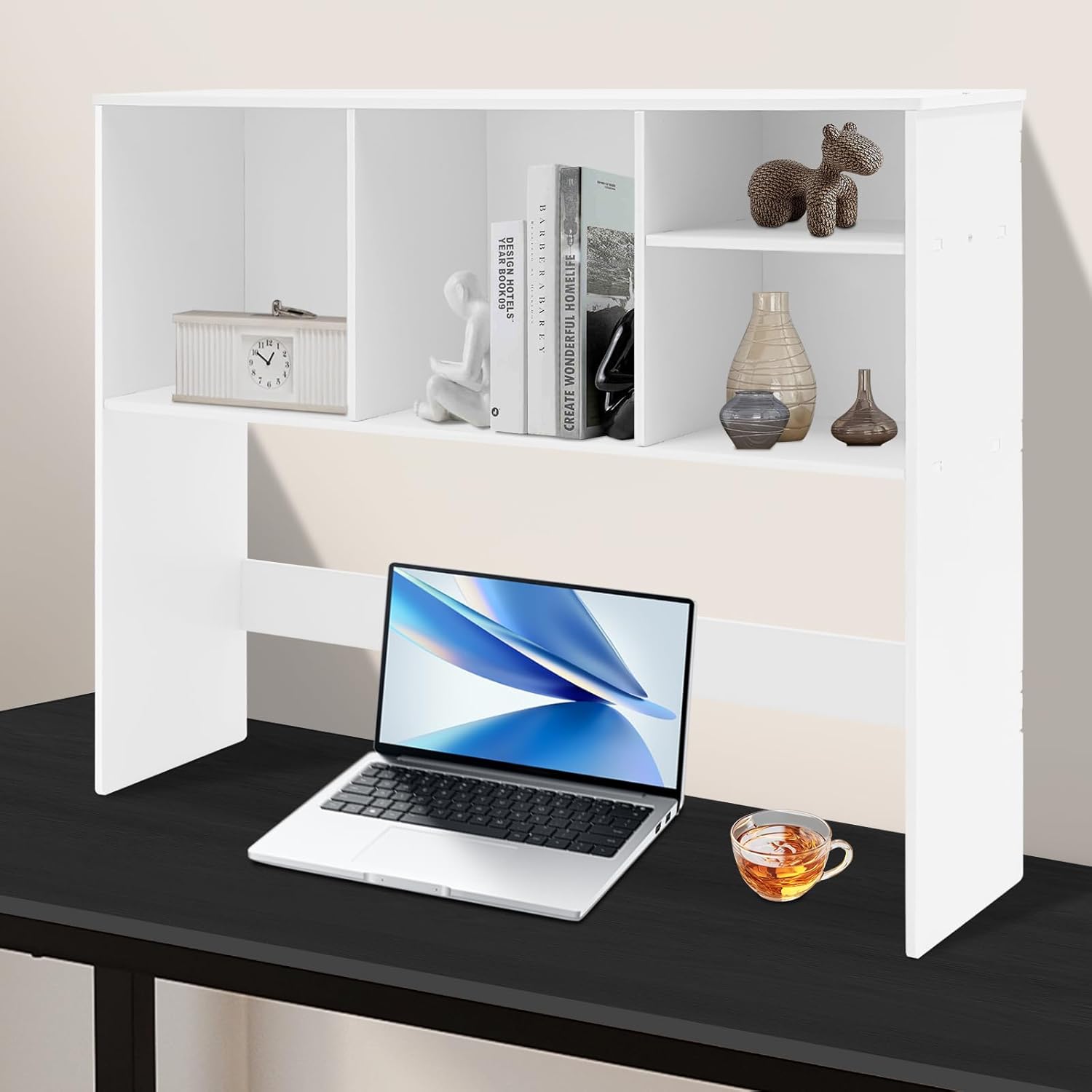 Desktop Bookshelf, 35.8" Desktop Organizer Shelf White Desk Hutch for Computer Desk 2 Tier Desk Shelf Multifunctional Freestanding Storage Rack Display Shelf for Home Office