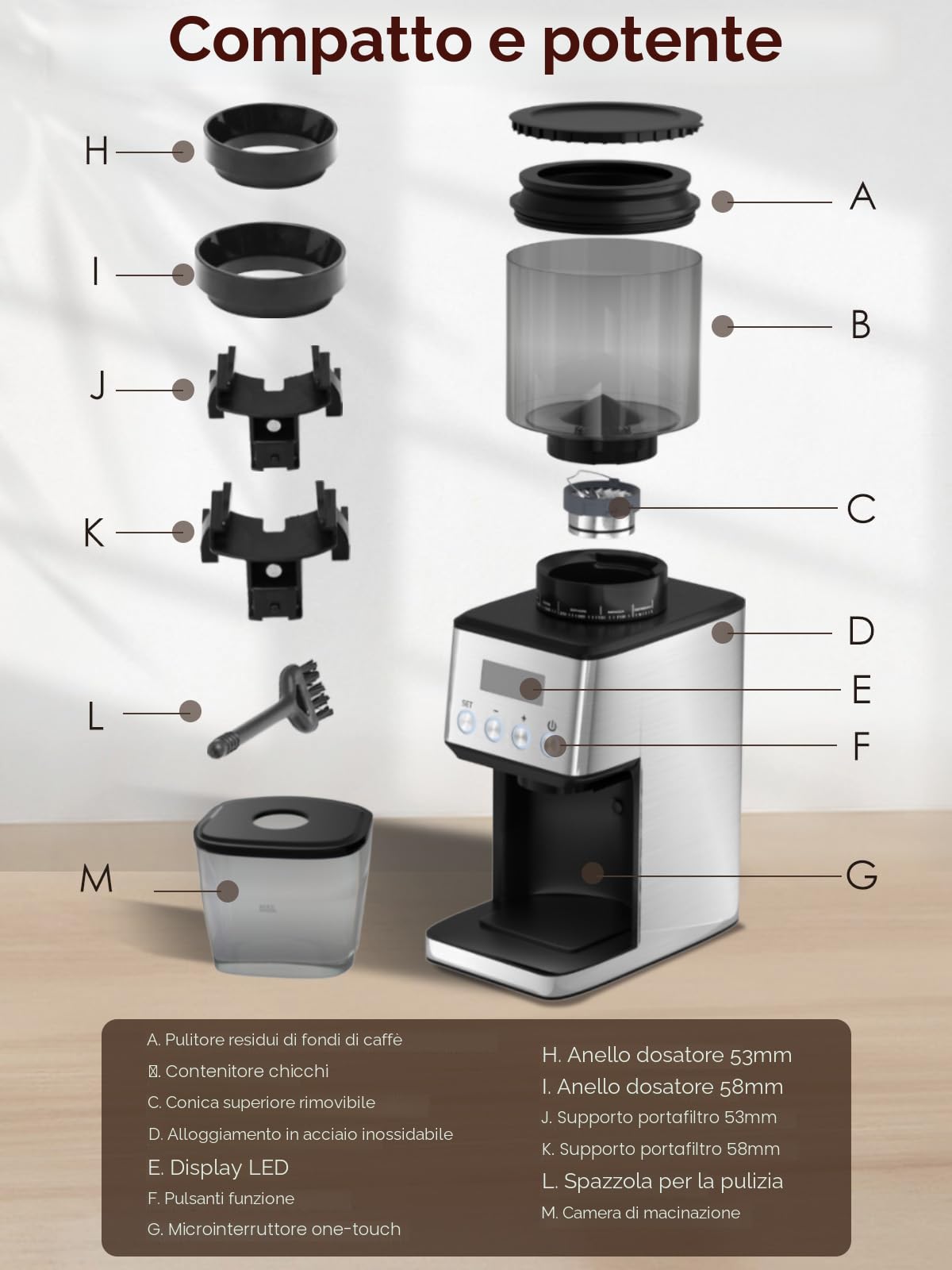 Homtone Macinacaffè Elettrico con 51 Livelli di Macinatura Regolabili, Macine Coniche in Acciaio Inox, Tecnologia Antistatica, per Espresso, Caffè Filtro e French Press, 160W (Argento)
