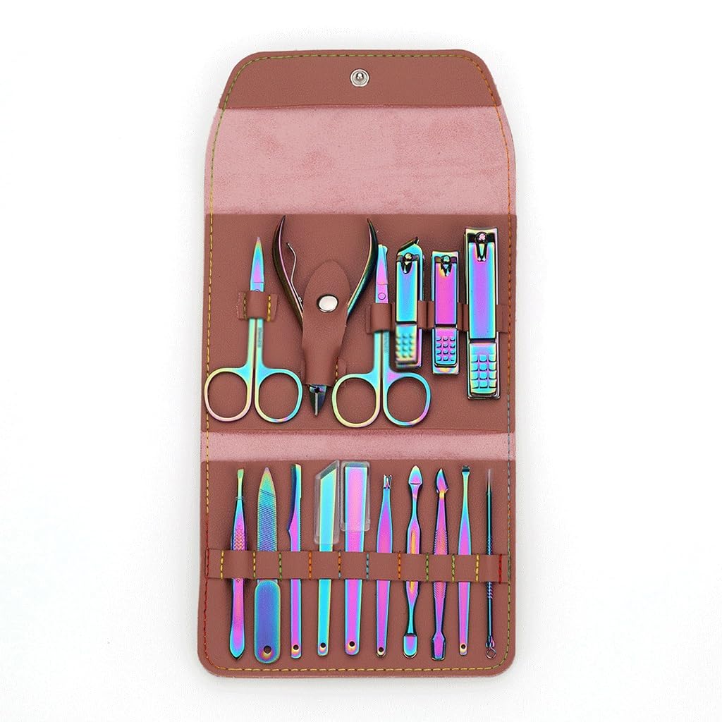 Color Nail Set 16 Piece Manicure and Nail Enhancement Tools Self use Home Nail Pliers Set PU