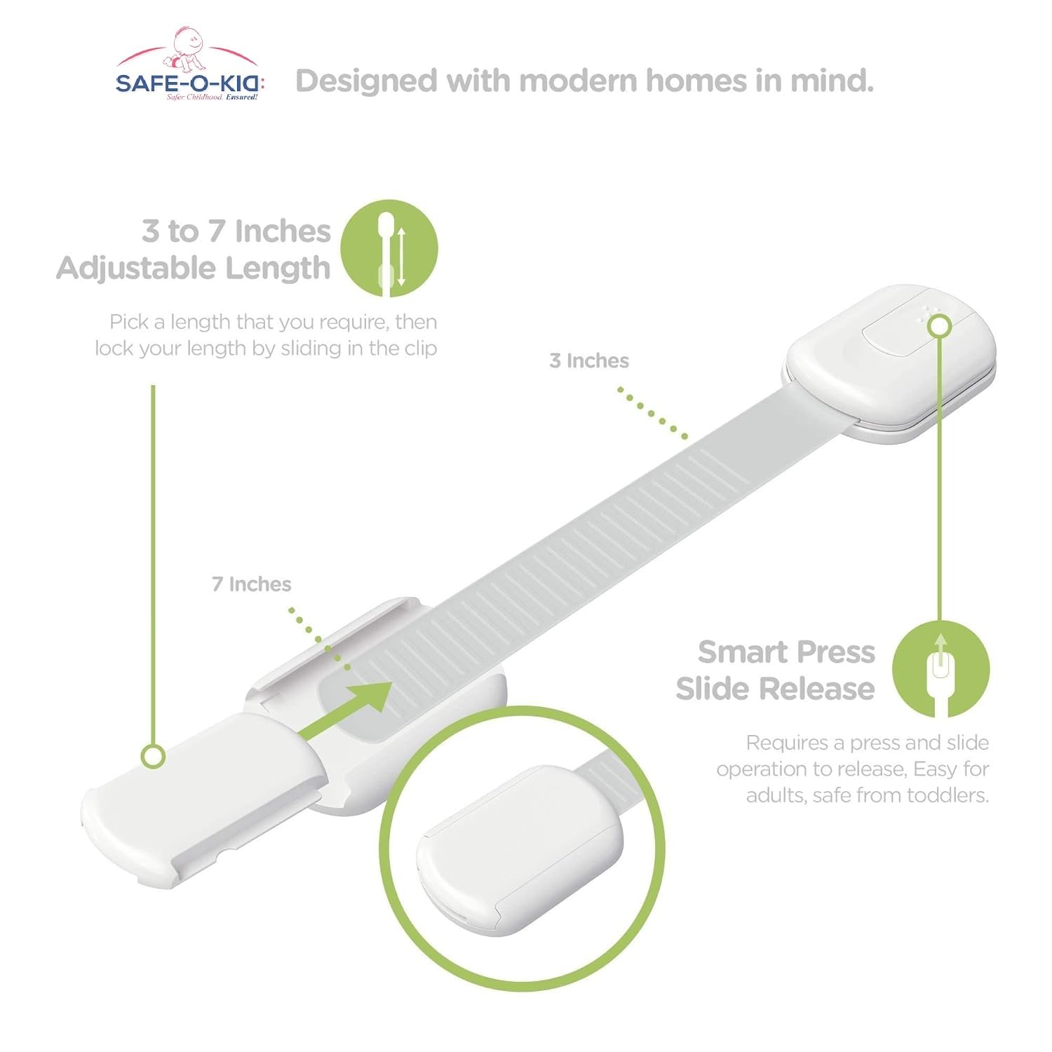 Safe-O-Kid Baby Safety Locks (8-Pack), Advanced 2025 Model (Strong and Sturdy with extra 3 M tapes and Alchohal pads) Multipurpose Lock, Child Safety Cabinet Proofing - Safest Quick and Easy 3M Adhesive Cabinet Drawer Door Latches, No Screws & Magnets, Multi-Purpose for Drawers, Cabinets, Furniture, Kitchen, Ovens, Toilet Seats. 3