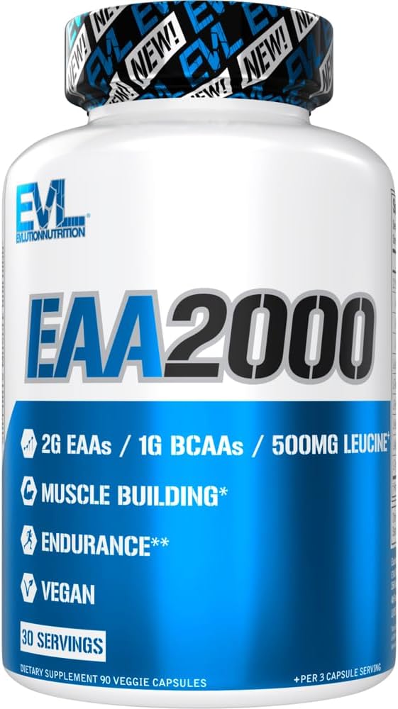 Evlution Nutrition EAA2000 Pre & Post Workout Capsules - Muscle Building & Recovery Supplement - 2g Essential Amino Acids + 1g BCAA - Endurance & Energy