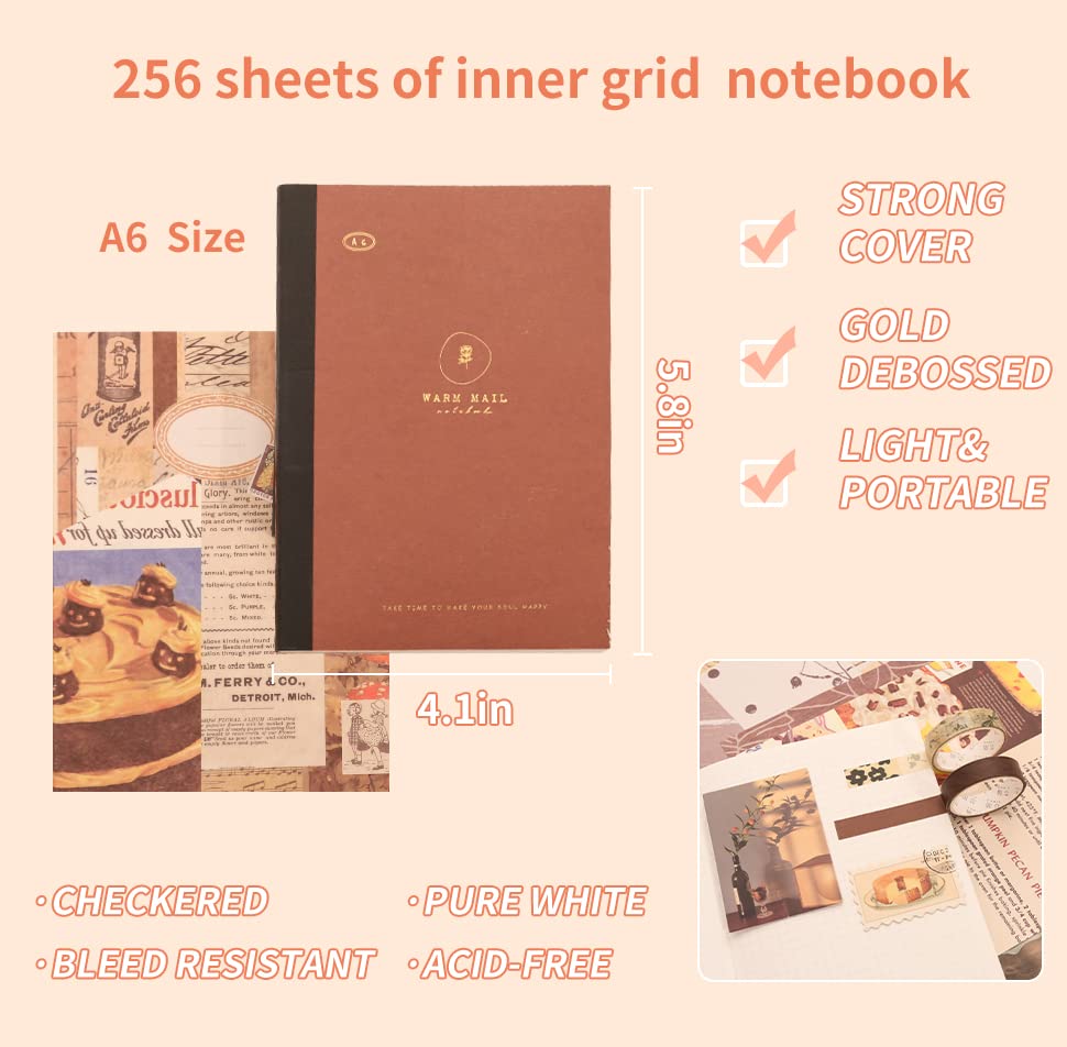 Image of emmoolife 348 Pcs Scrapbooking Supplies Kit, Vintage Aesthetic Scrapbook Kit for Bullet Junk Journal, Stationery, A6 Grid Notebook, DIY Journaling Supplies, Birthday Craft Gift for Teen Girl Women