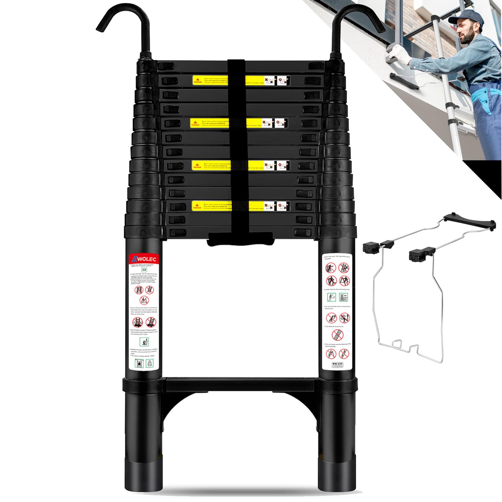 Photo 1 of Wolec 16.5 FT Telescoping Ladder with Stabilizers, Adjustable Multi-Purpose Collapsible Extension with Hooks & Wheels, Heavy Duty 330 lbs Max Capacity, Ideal for Home and Outdoor Work,Black