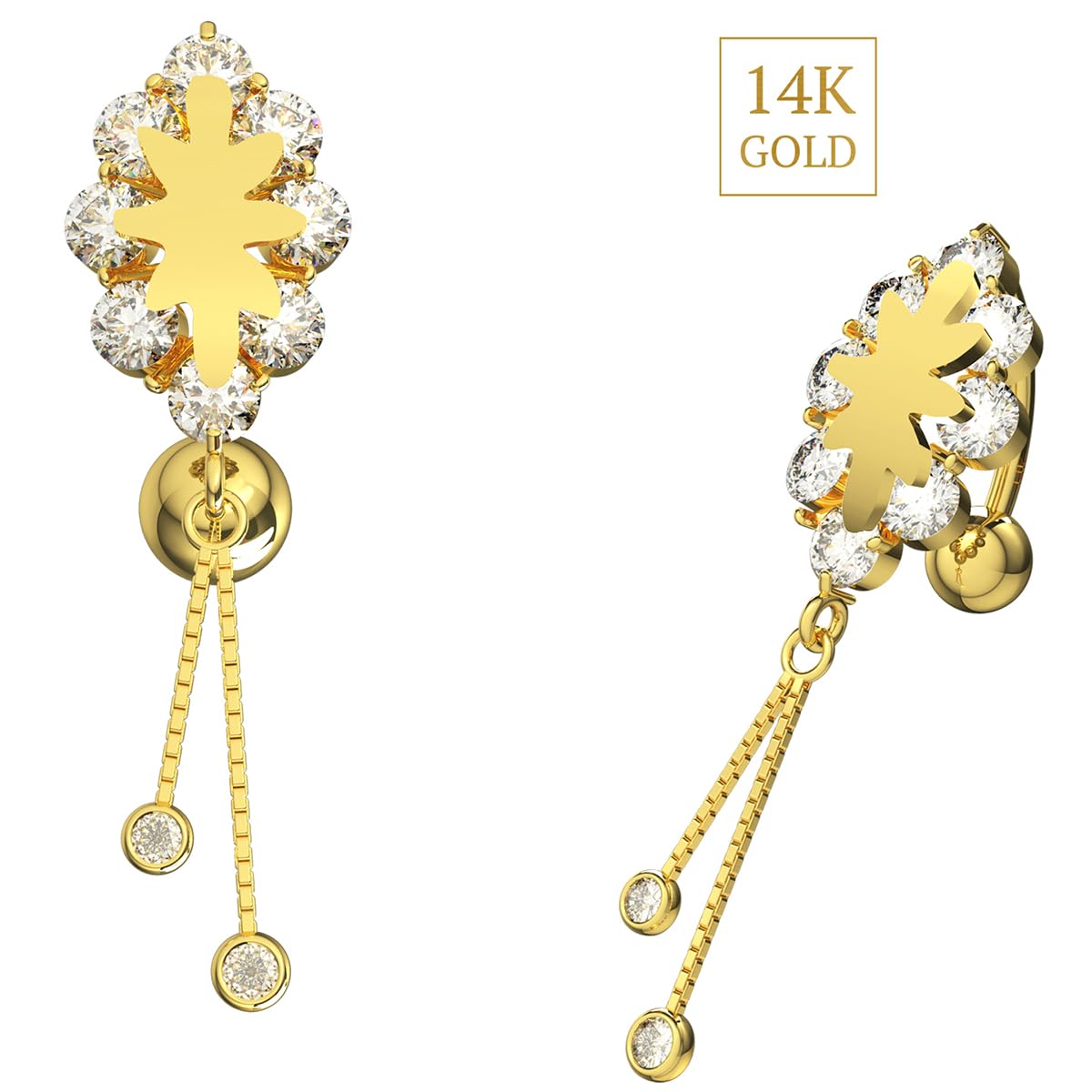 Piercing para ombligo de oro amarillo macizo de 14 quilates con circonita cúbica y cadena colgante, joyería para ombligo de 14 quilates, calibre 14, 14 Gauge - 12mm Length, Circonia