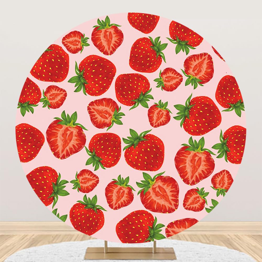 Renaiss 7x7ft Strawberry Round Backdrop Cover for Photoshoot Kids Girls Woman Portrait Red Sweet Berries Circle Photography Background Baby Shower Newborn Birthday Party Decor Photo Booth Props