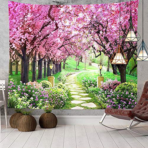 Berry Tree Flower Tapestry Forest Path Red Cherry Blossom Wall Hanging Decor Tapestry For Bedroom Living Room Dorm(80X60 Inch) #TOP2