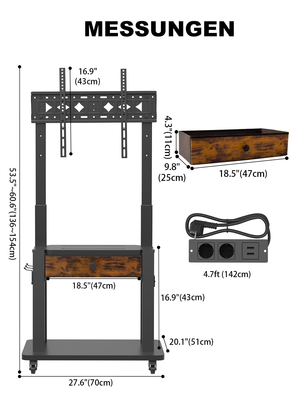 Rollbarer TV-Ständer mit Steckdose und Stoffschublade für 32"-75" Flach/Curved Bildschirme bis 100 kg. Mobiler TV-Wagen für LCD/LED/OLED-Fernseher mit Rollen für Homeoffice. Max. VESA 600 x 400 mm