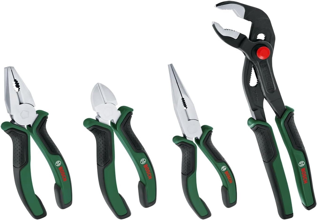 Bosch Pliers Set, 4 Pieces (160 mm Side Cutters, 180 mm Combination Pliers, 180 mm Needle-Nose Pliers, 250 mm Water Pump Pliers for Demanding Tasks, Ergonomic Soft Grip)