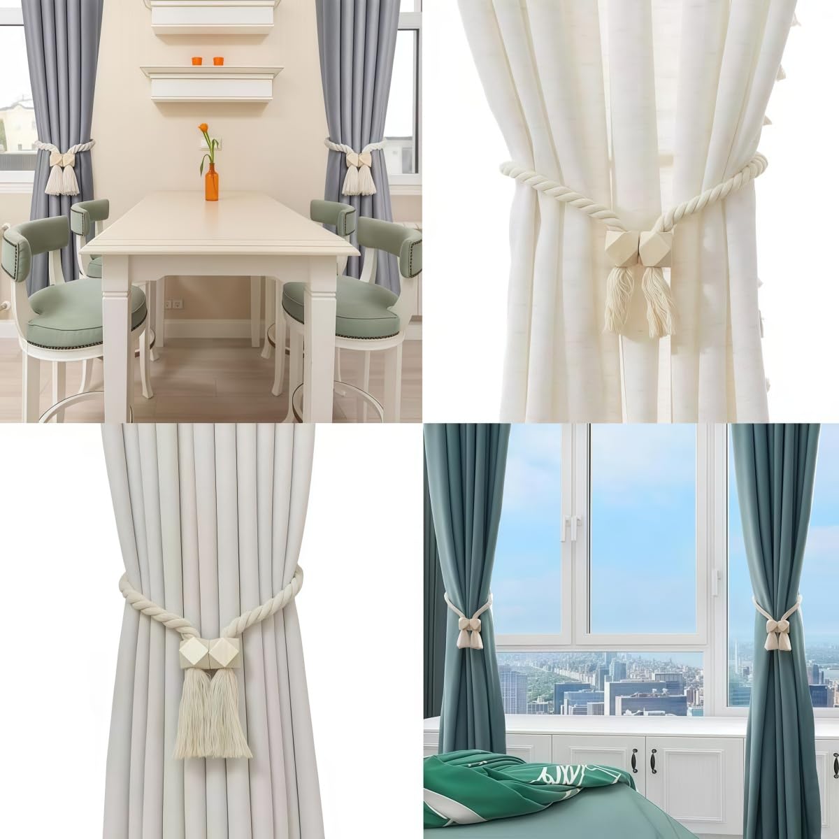 Draperia Wiązania Zestaw 4 Kwadratowych Magnetycznych Zatrzasków do Zasłon Z Bawełnianego Sznurka 64.5cm Bez Wiercenia Brązowy