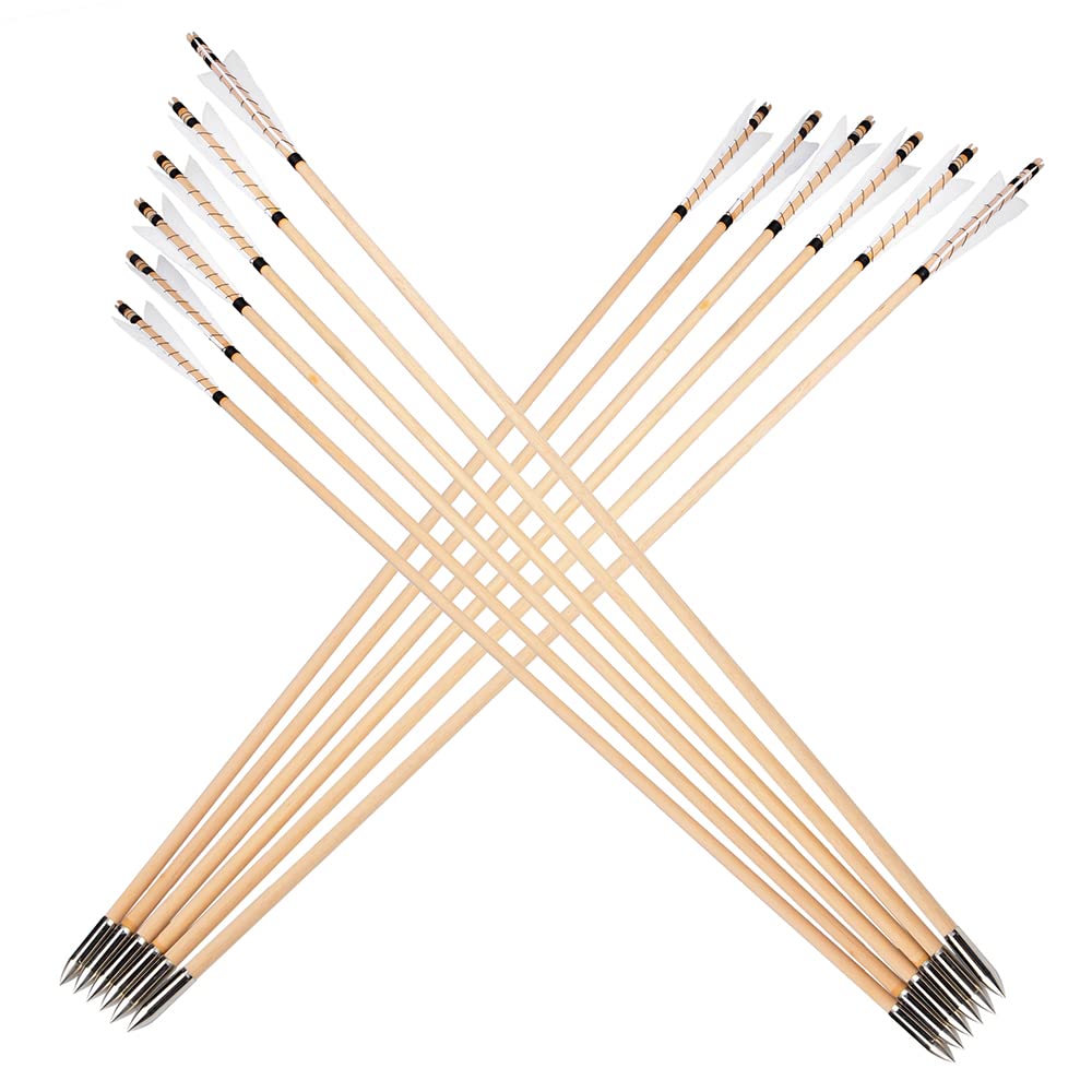 32" Flèches en Bois pour tir à l'arc,Fabrication Artisanale Traditionnelle,5" avec Plume de Dinde,OD 8mm Tige en Bois,flèches de Chasse,pour Arc Long/Arc recourbé,Arc à Cheval