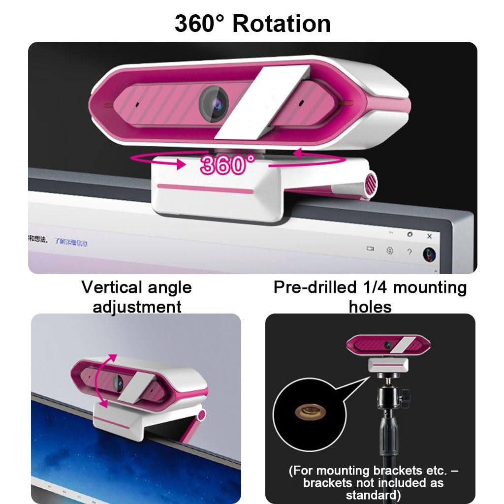 LEIYTFE 4K Full HD Webcam con Cubierta De Privacidad, Video Y Cámara De Ángulo Amplio con Micrófono, para PC De Escritorio O Ordenador Portátil, Corrección Automática De La Luz(Black White)